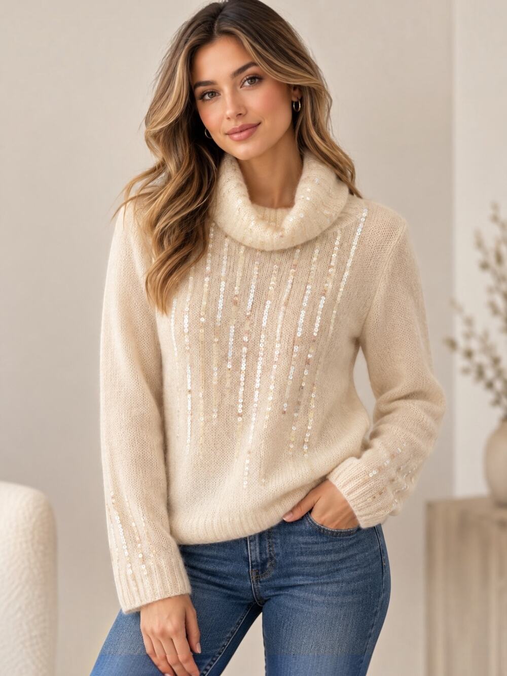 Mota Kid Mohair Sequin Turtleneck Sweater Ivory Women’s Small